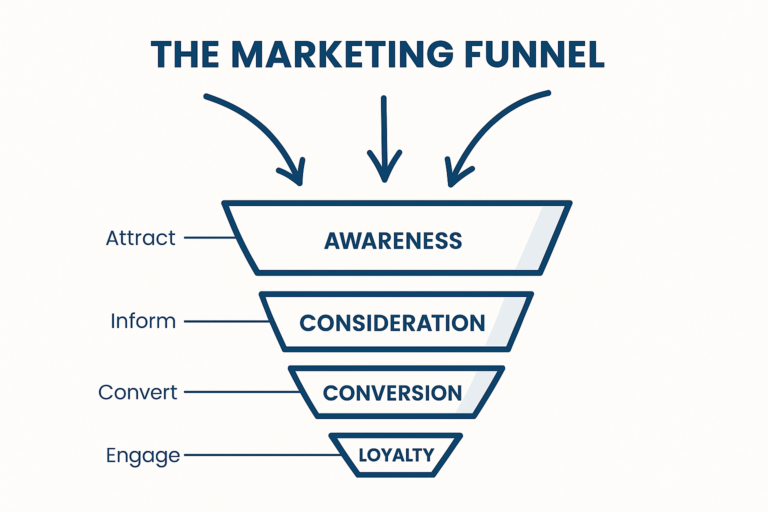 Marketing funnel stages infographic - awareness to loyalty
