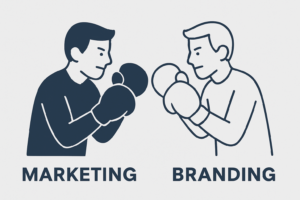 Illustration of two stylised figures boxing, representing marketing and branding facing off with gloves, symbolising their distinct but related roles.
