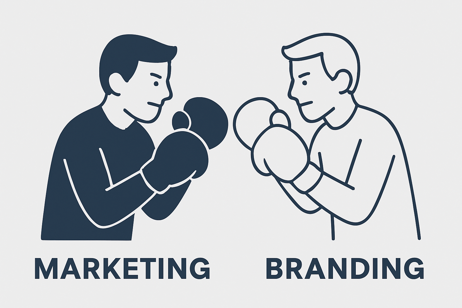 Illustration of two stylised figures boxing, representing marketing and branding facing off with gloves, symbolising their distinct but related roles.