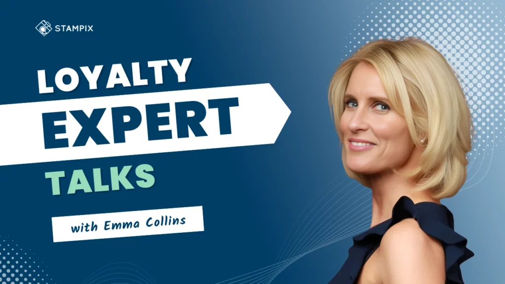 Promotional banner for 'Loyalty Expert Talks' featuring Emma Collins. The design includes bold text on a blue gradient background with dynamic patterns, and a portrait of a smiling blonde woman in a dark dress on the right. The Stampix logo is at the top left